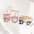 Bild in Galerie-Betrachter laden, Detailansicht roter Traktor mit Heuwagen auf Jersey Treckerfahrt creme – liebevoll illustriertes Motiv für Kinderstoffe