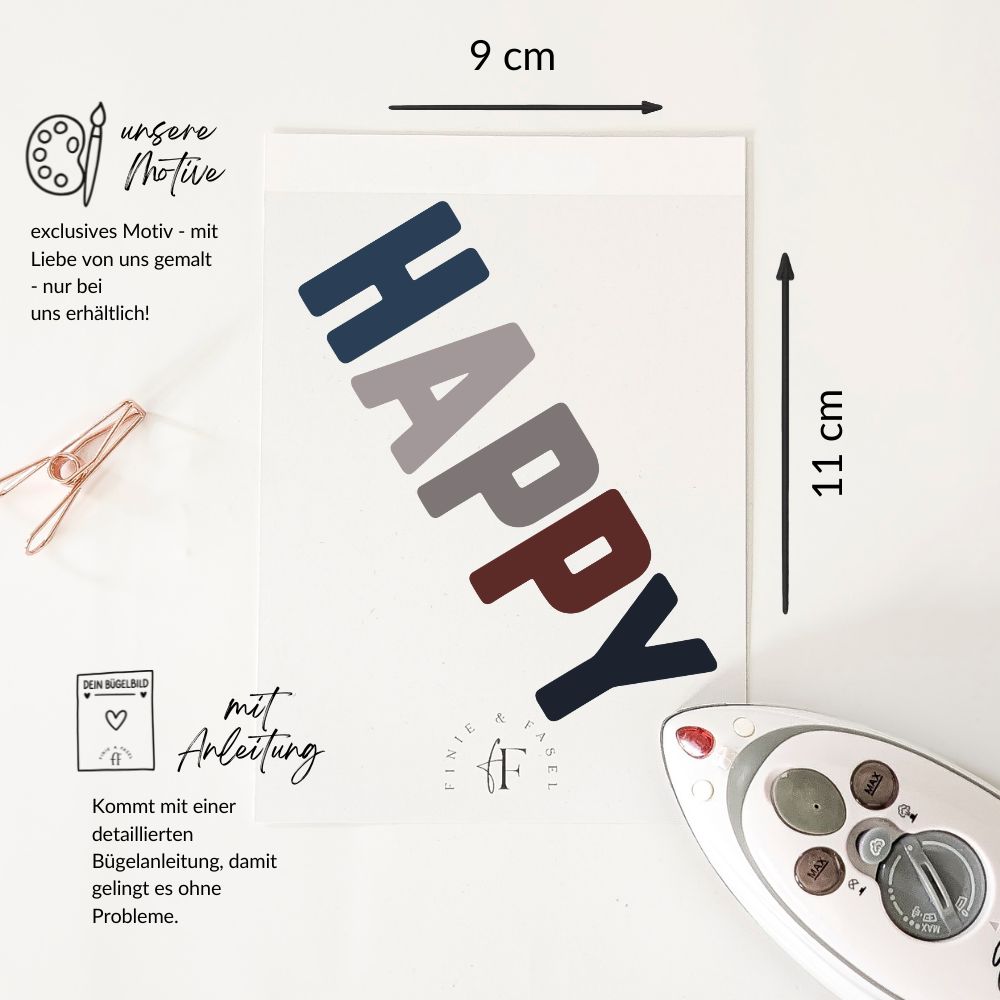 Bügelbild Happy (blau)