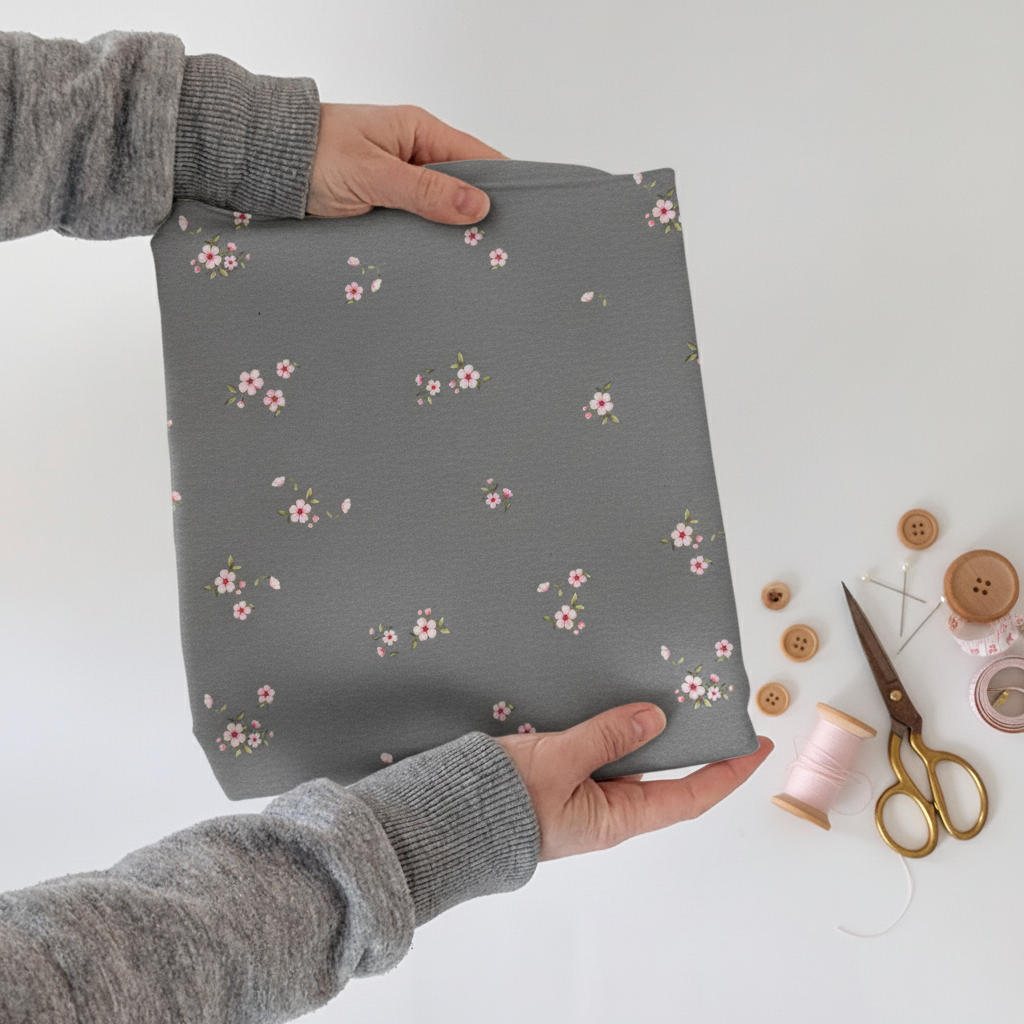 French Terry Cherry Garden grau