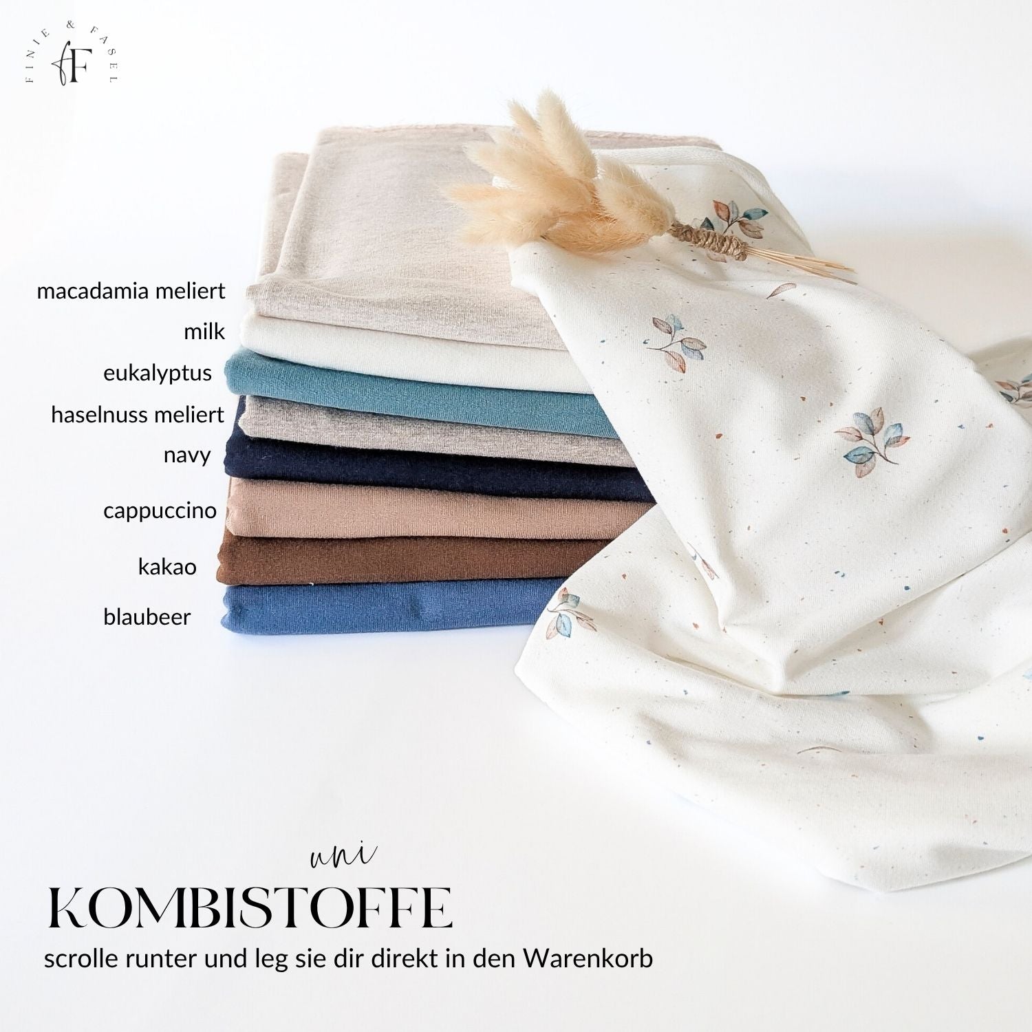 Farblich abgestimmte Kombistoffe zum Blue Leaves Blumenstoff – perfekt für Nähprojekte kombinierbar