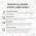 Bild in Galerie-Betrachter laden, Übersichtsgrafik mit Qualitätsmerkmalen des Stoffs „Berry Leo“ – OEKO-TEX®, weich, farbecht, formstabil
