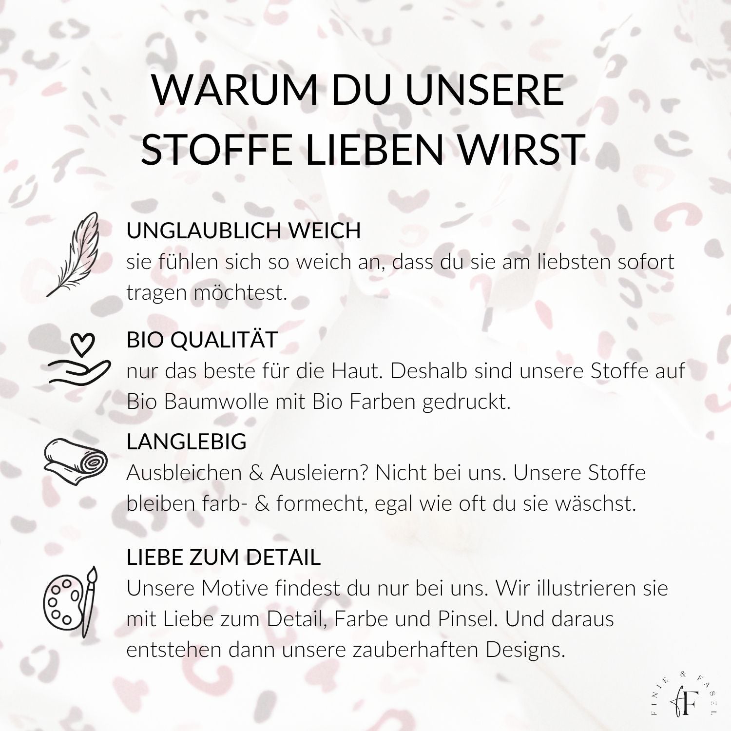 Übersichtsgrafik mit Qualitätsmerkmalen des Stoffs „Berry Leo“ – OEKO-TEX®, weich, farbecht, formstabil