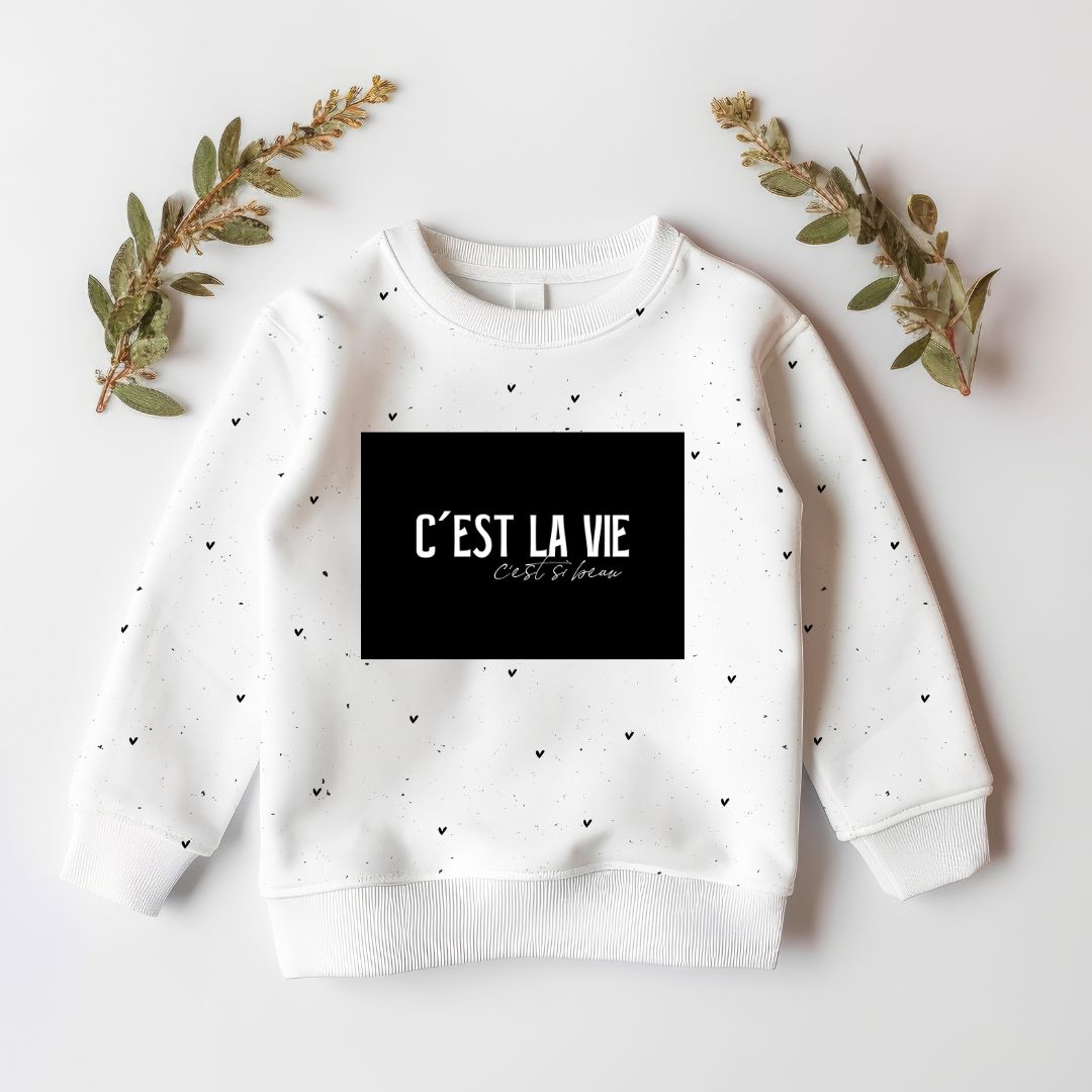 Pullover mit Bügelbild „C’est la vie – C’est si beau“ als langlebiger Transferdruck für Kleidung, Taschen 