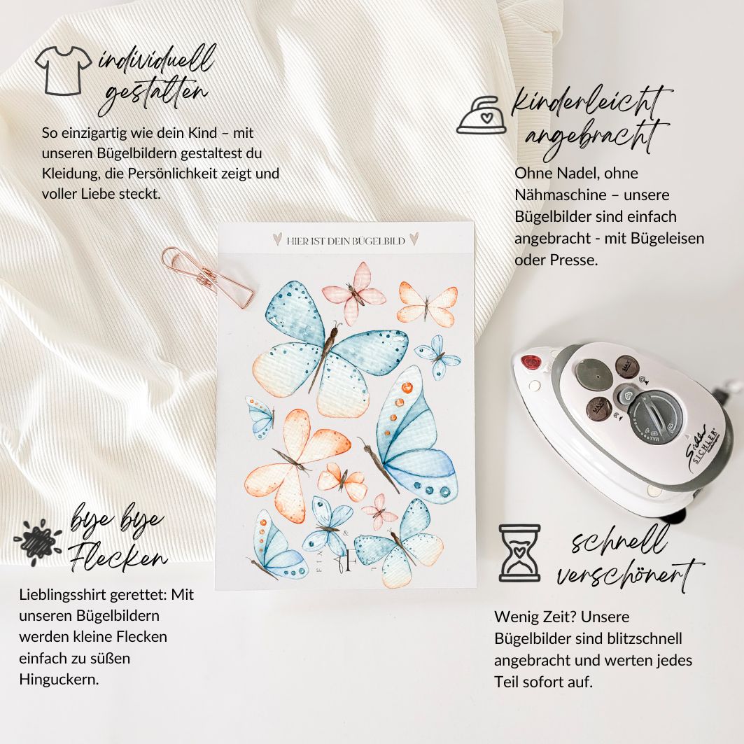 Produktvorteile des Schmetterlings-Bügelbilds: leicht anzubringen, ideal bei Flecken, perfekt für individuelle Kinderkleidung – liebevoll gestaltet von Finie & Fasel.
