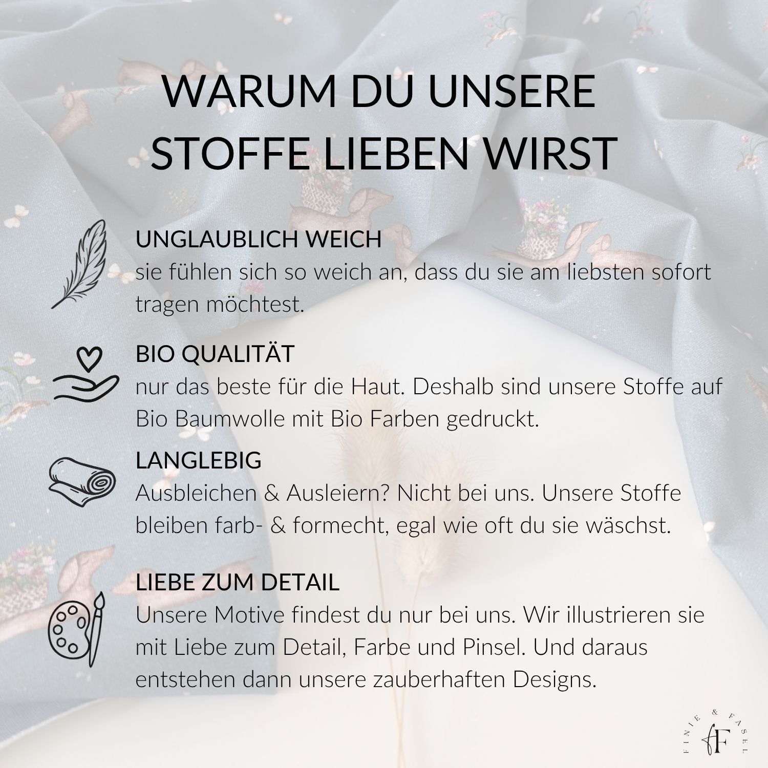 Vorteile des Blumendackel blau Jerseys: weich, brillant bedruckt, waschbar bis 60 °C und formstabil – ideal für langlebige Kleidung