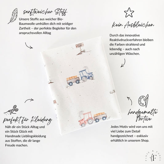 Treckerfahrt creme Jersey mit handgezeichneten Motiven und hochwertigen Eigenschaften – weich, formstabil und langlebig