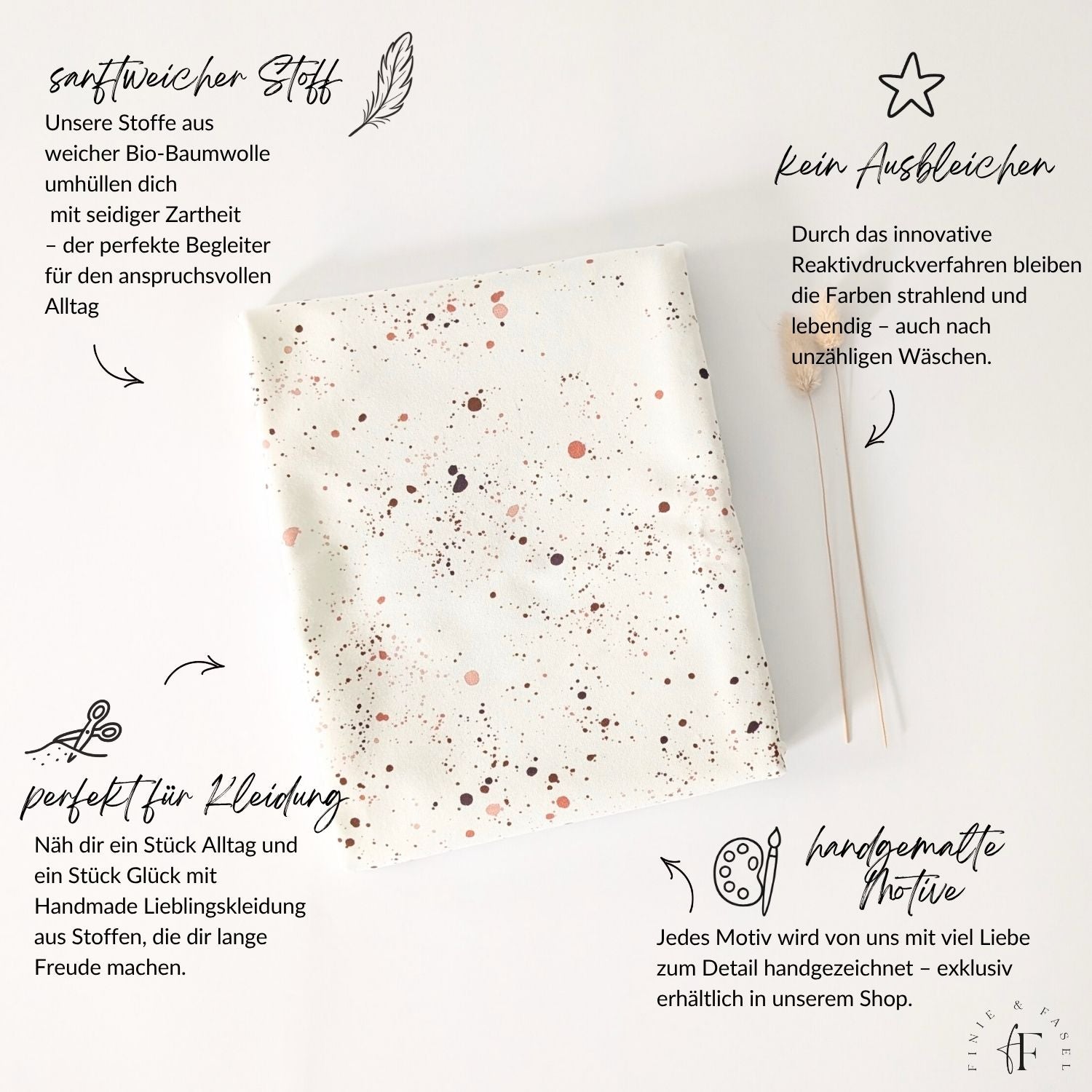 French Terry Punktestoff „Chocolate Splash“ – Meterware mit Sprenkelmuster in Rosé, Braun und Kupfer auf Cremeweiß mit Qualitätsmerkmalen