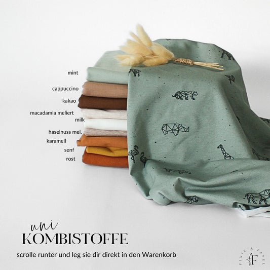 Mintfarbener Jersey Stoff mit Origami-Safari-Tieren und passenden Unistoffen in Naturtönen – ideal zum Kombinieren