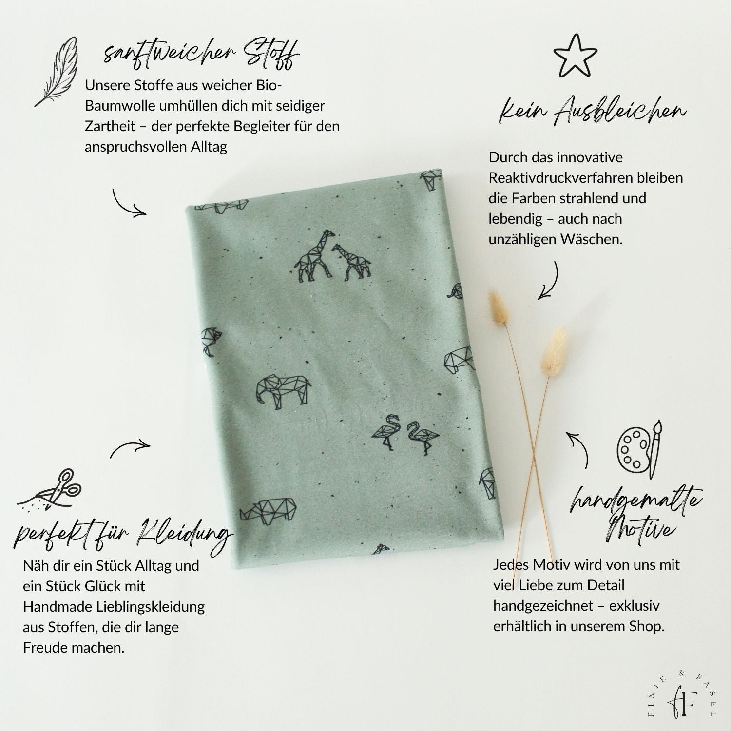 Produktdarstellung des Safari-Jerseys mit Vorteilen wie Weichheit, Farbbrillanz und handgemalten Motiven