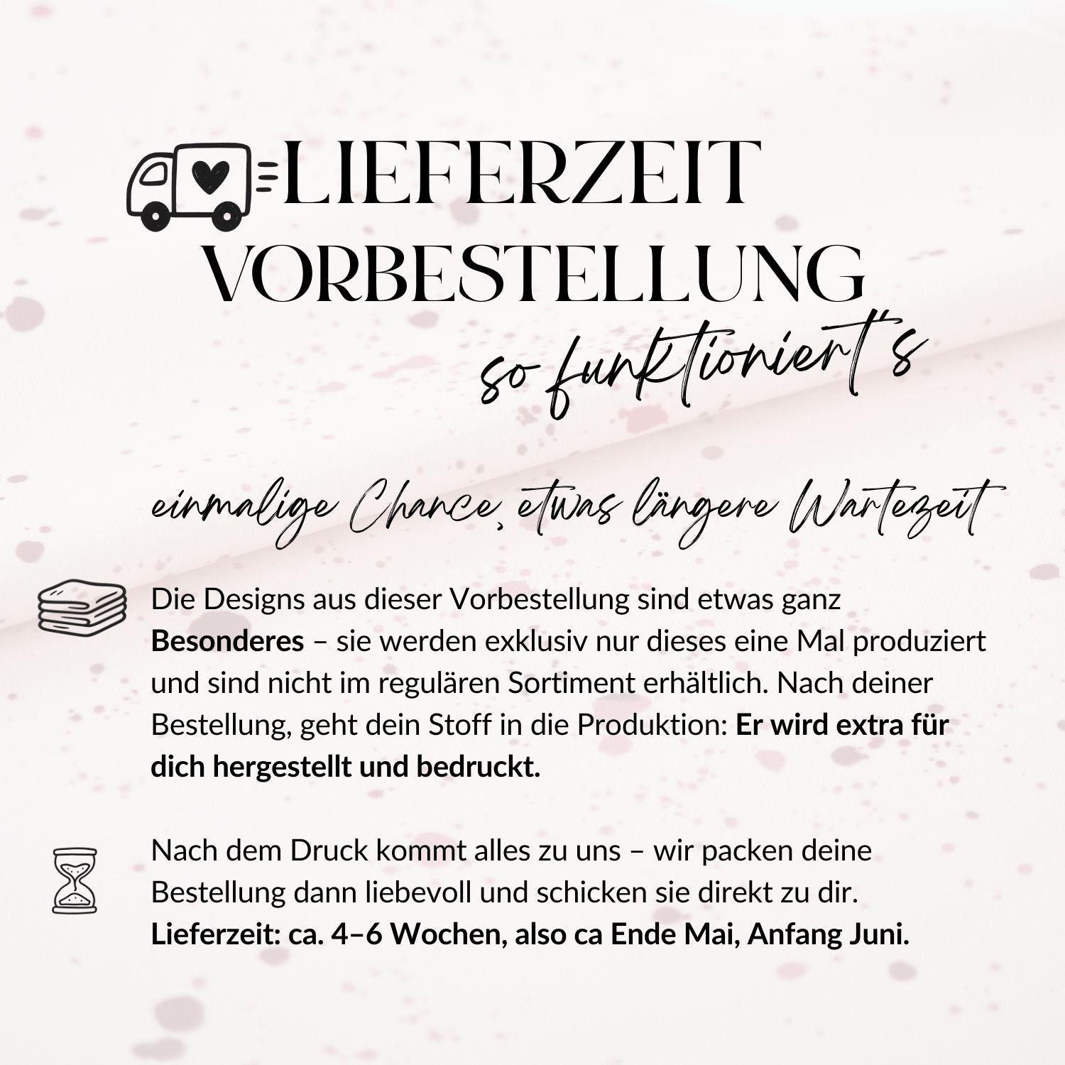 Lieferzeit-Information zur Vorbestellung des rosa Konfetti-Lycra-Stoffs – transparente Übersicht für Kund:innen