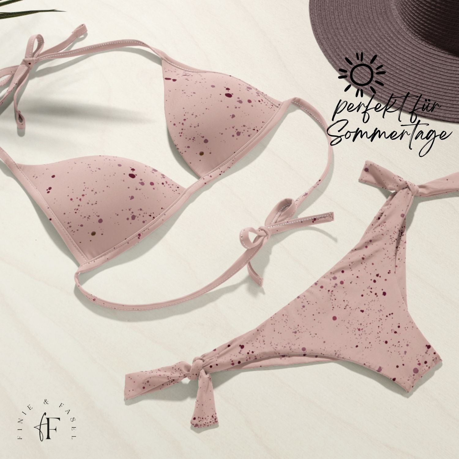 Bikini aus rosa Lycra mit UV-Schutz und fröhlichem Konfetti-Design – perfekt für den Sommer