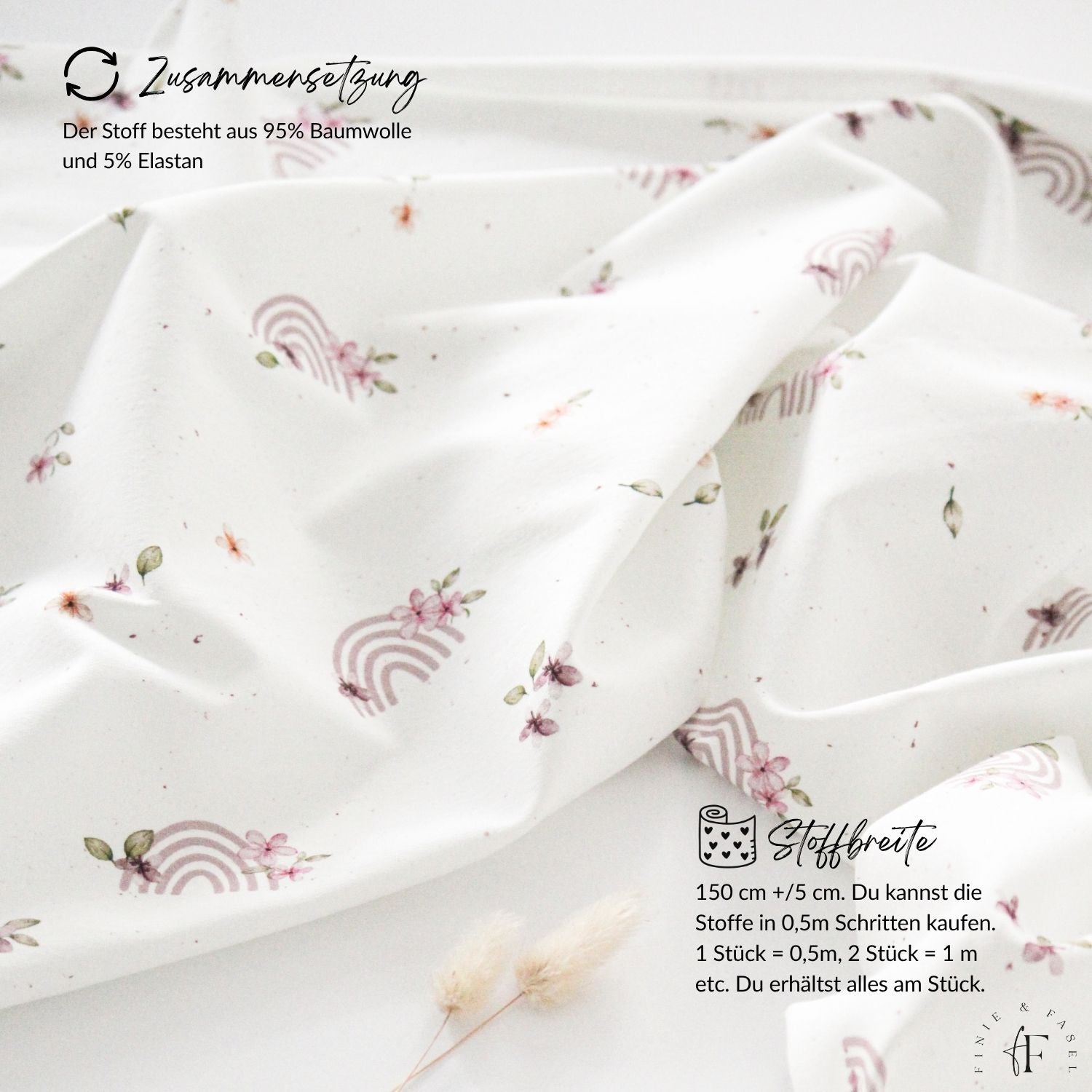 French Terry Stoff „Blossom Rainbows“ – weicher Sweatstoff mit Regenbogen-Motiv zum Nähen von Kinderkleidung