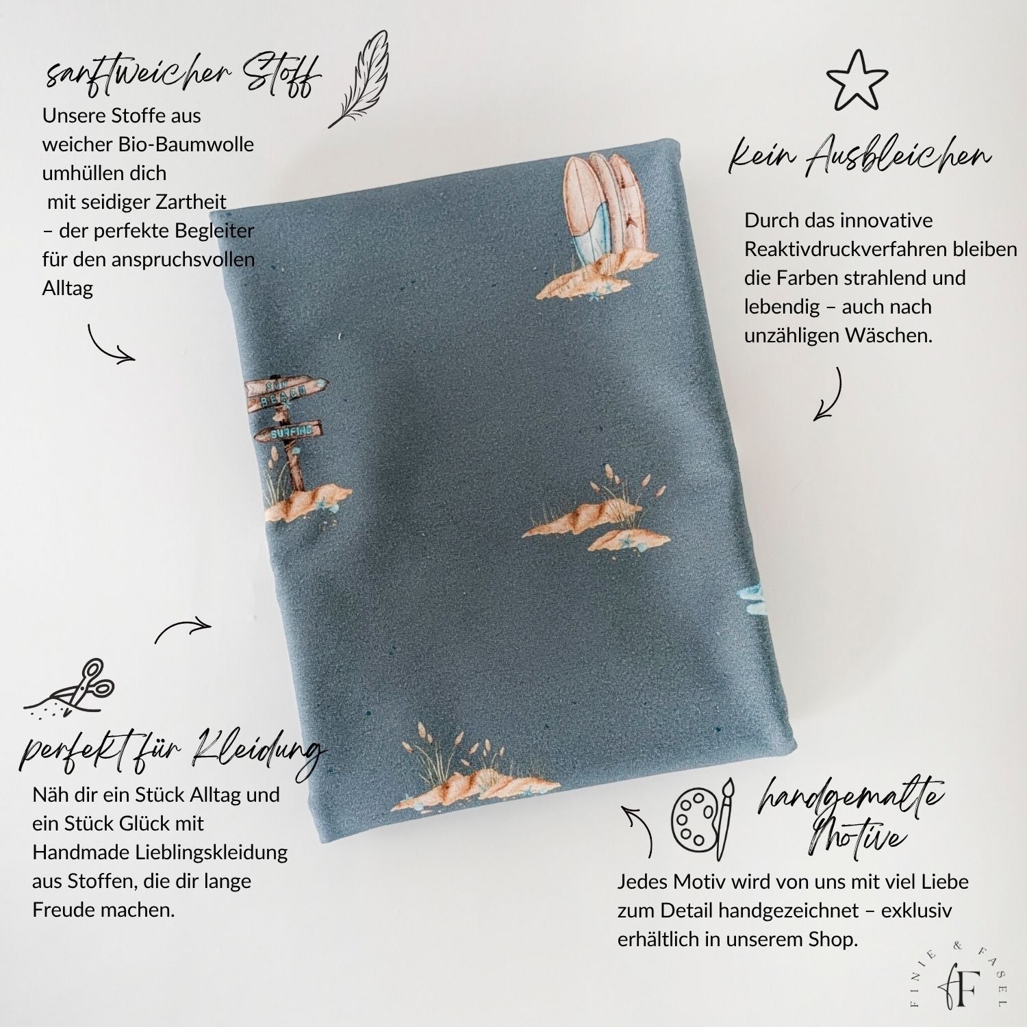 Detailansicht Beachwaves dunkel Jersey mit Fokus auf Stoffvorteile: weich, farbstabil und handillustriert – hochwertiger Stoff für Bekleidung